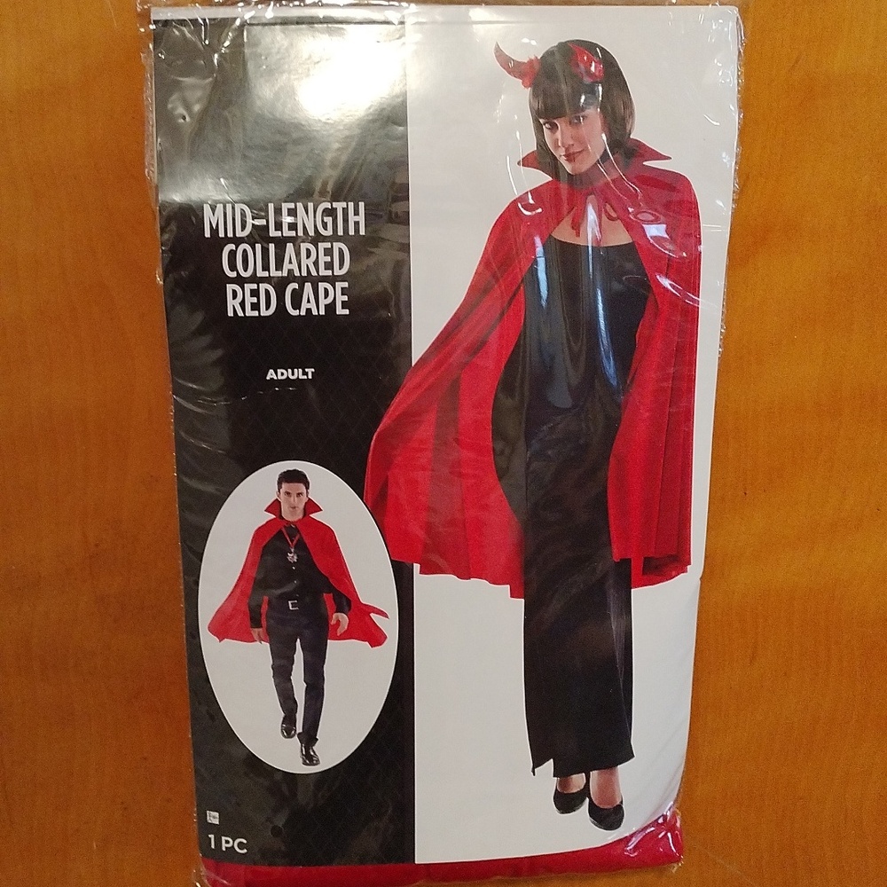 Suit yourself costume. Mid-length collared red cape. Adult